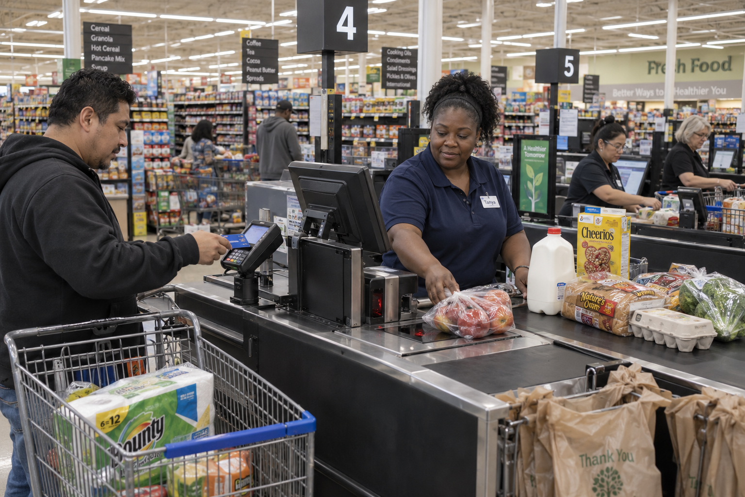 Illustrative American supermarket with numbered checkout lanes, cashiers and diverse customers paying